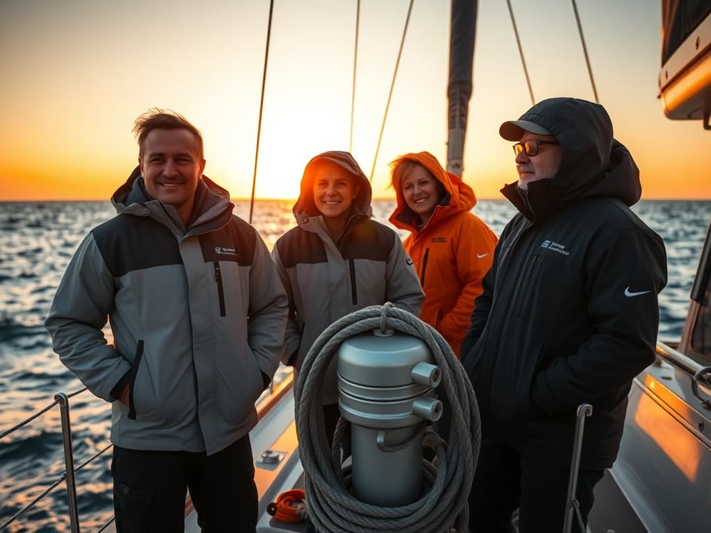 Crew portrait on a sailing bow at golden hour, looking forward to sea